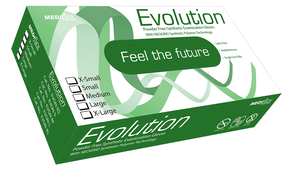 Evolution green neoprene gloves packaging box with multiple size options and powder-free synthetic examination gloves